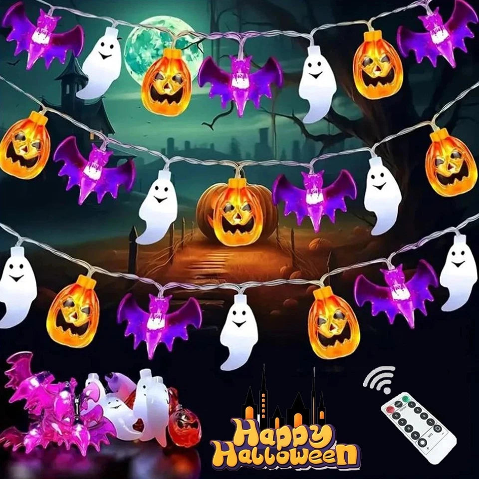 20-Ft Halloween Pumpkin, Bat & Ghost String Lights – 30 LED Battery-Operated Lights with Remote