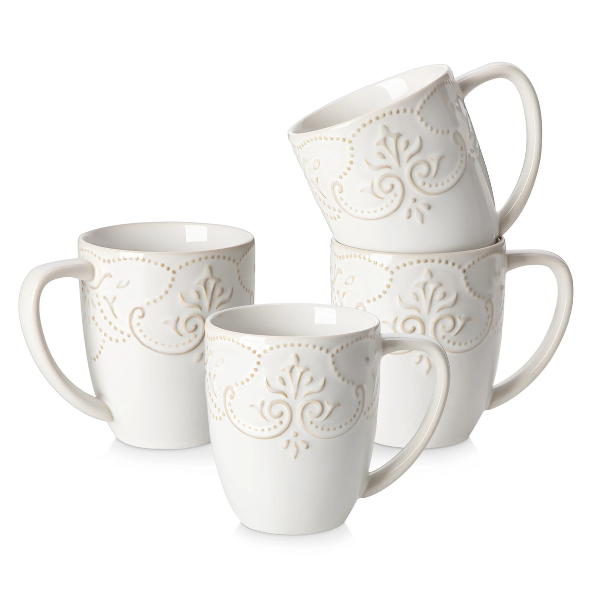 MALACASA GISELLE Embossed Porcelain Mugs 14 oz (414mL) Vintage White or Starry Blue – 4 or 8 Piece Set