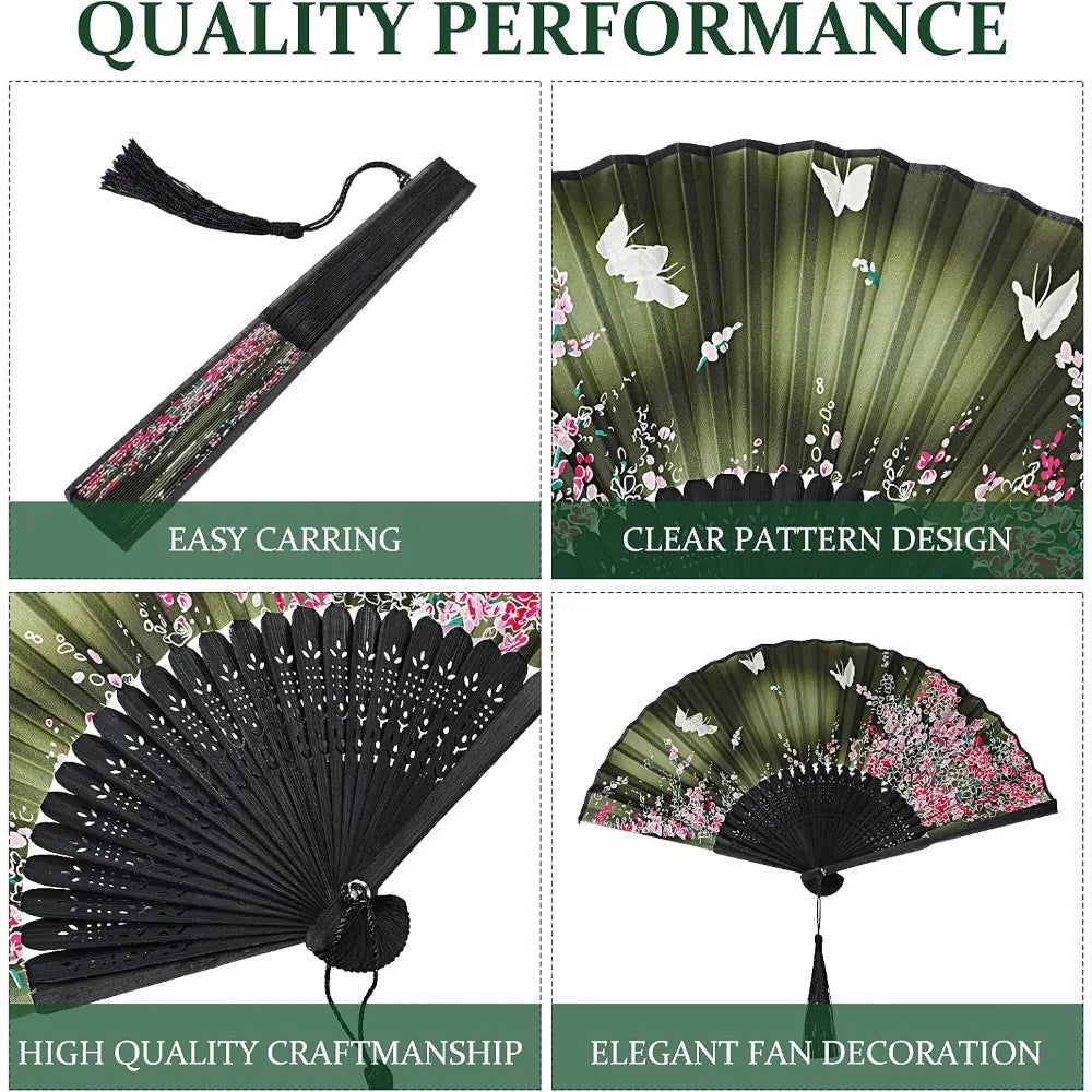 Silk & Bamboo Folding Fans with Tassels – 4 Piece Set