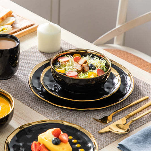 MALACASA Luxe Black & Gold Porcelain Dinnerware Set – 16 or 32 Piece