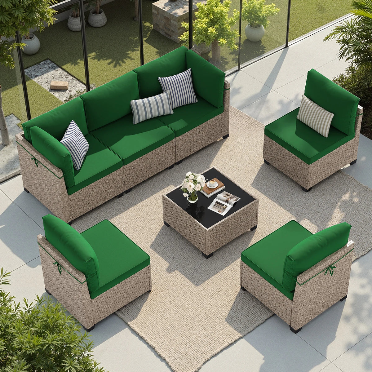 7-Piece Outdoor Rattan Sectional Sofa Set – 6-Seat Modular Patio Furniture with Tempered Glass Coffee Table