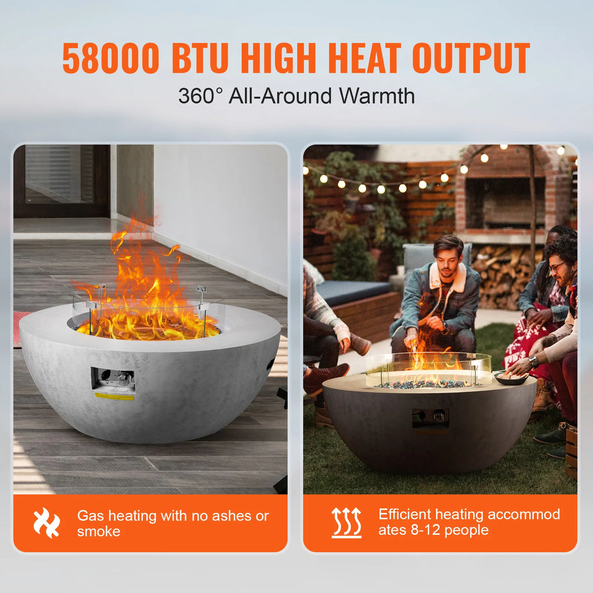 39" Concrete-Look Propane Fire Pit – 50,000 BTU with Wind Guard, Glass Stones & Cover