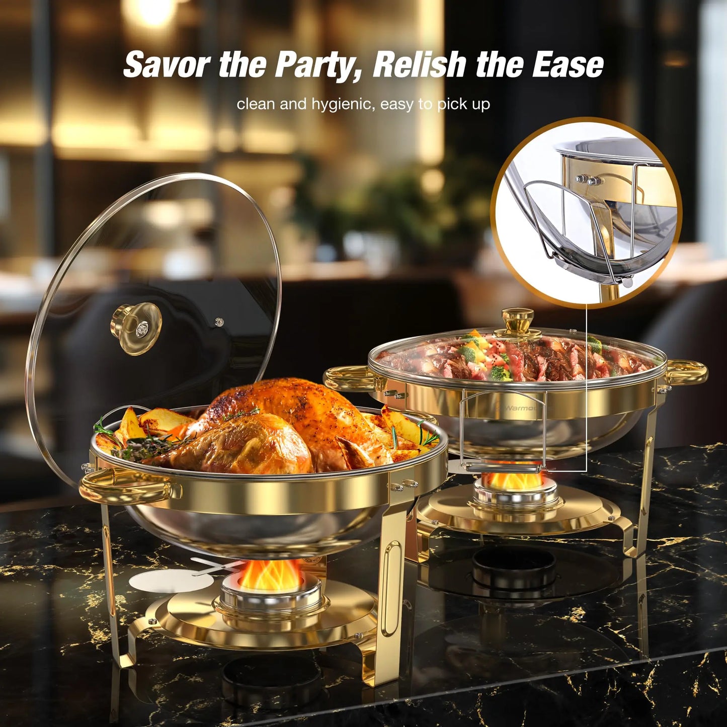 Round Chafing Dishes with Glass Lids – 5 Qt, Gold - 2 or 4 Pack