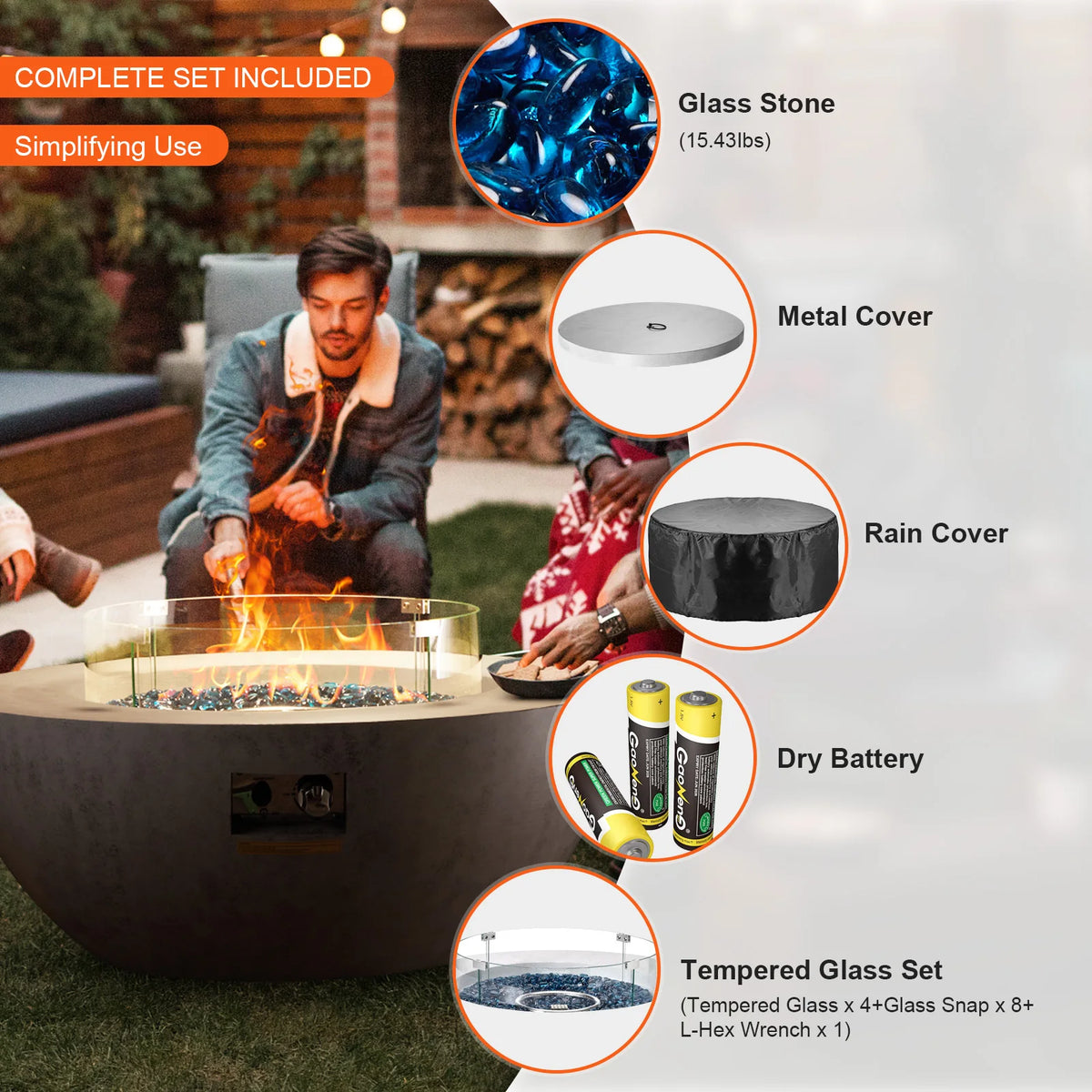 39" Concrete-Look Propane Fire Pit – 50,000 BTU with Wind Guard, Glass Stones & Cover