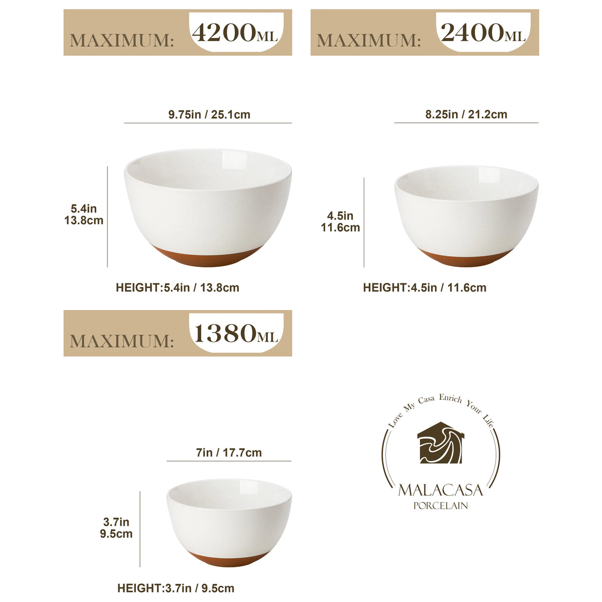 3/6-Piece Ceramic Mixing & Serving Bowl Set – 46 oz, 80 oz & 140 oz