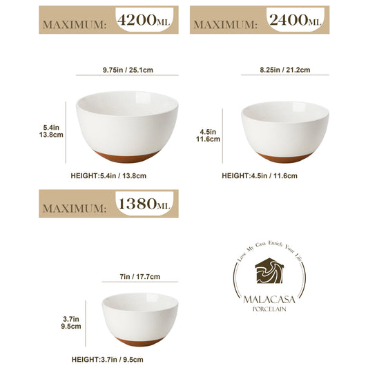 3/6-Piece Ceramic Mixing & Serving Bowl Set – 46 oz, 80 oz & 140 oz