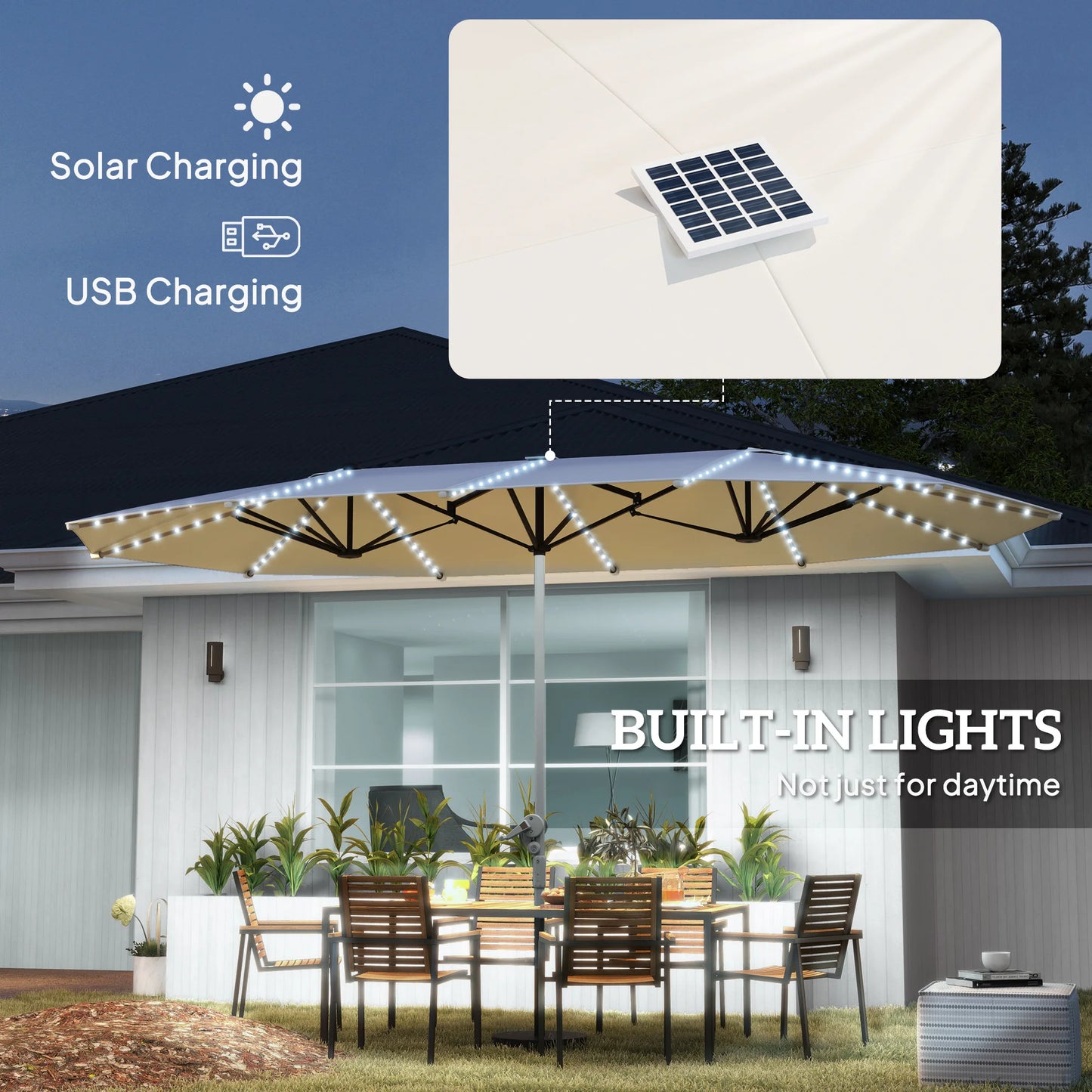 15FT Double-Sided Solar LED Patio Umbrella with UPF 50+ Sun Protection