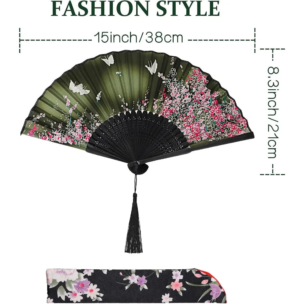 Silk & Bamboo Folding Fans with Tassels – 4 Piece Set