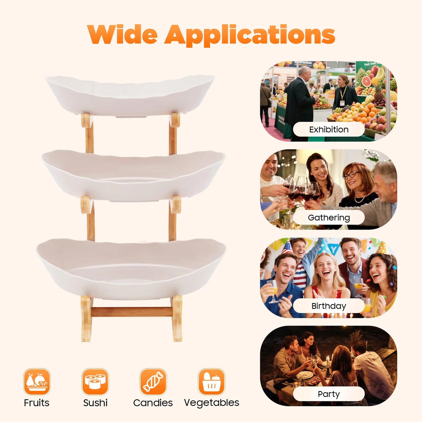 3-Tier Serving Bowl Stand with Bamboo Frame – White or Beige