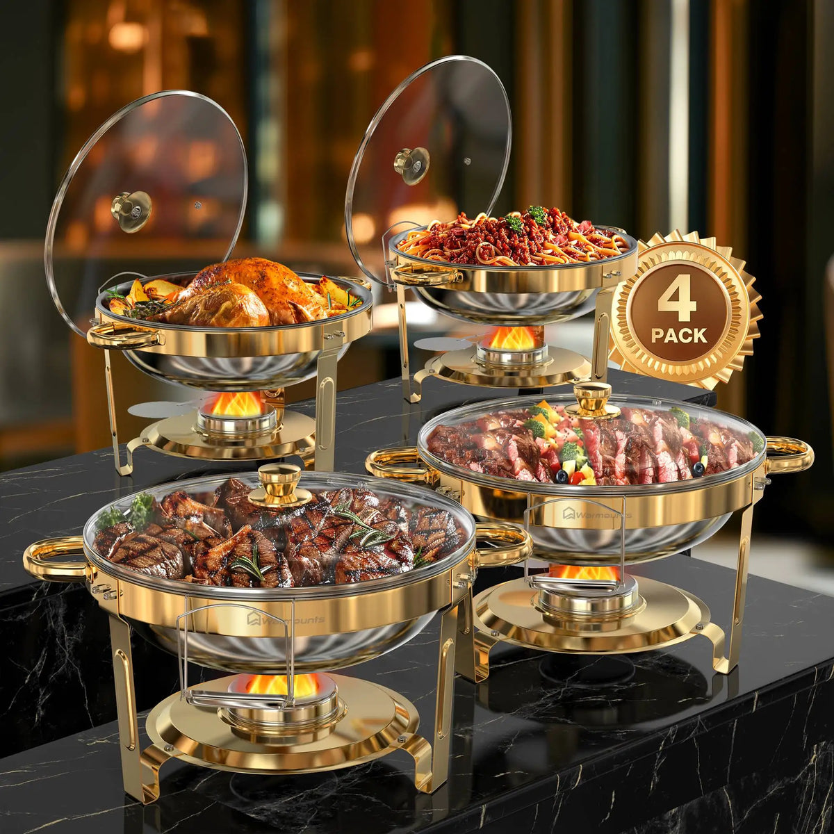 Round Chafing Dishes with Glass Lids – 5 Qt, Gold - 2 or 4 Pack