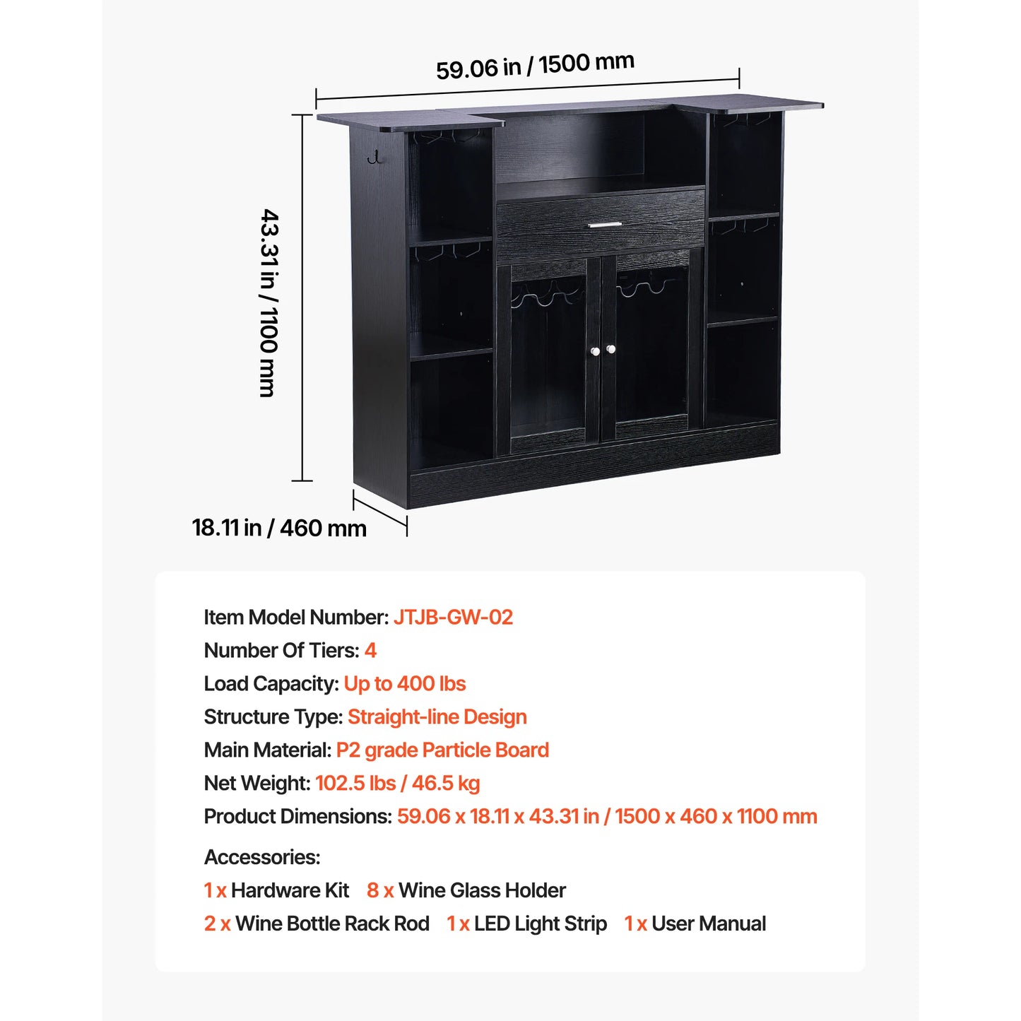 59" 4-Tier Home Bar with LED Lighting – Wine Glass Rack, Bottle Storage, Drawer & Shelves