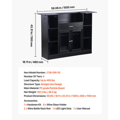 59" 4-Tier Home Bar with LED Lighting – Wine Glass Rack, Bottle Storage, Drawer & Shelves