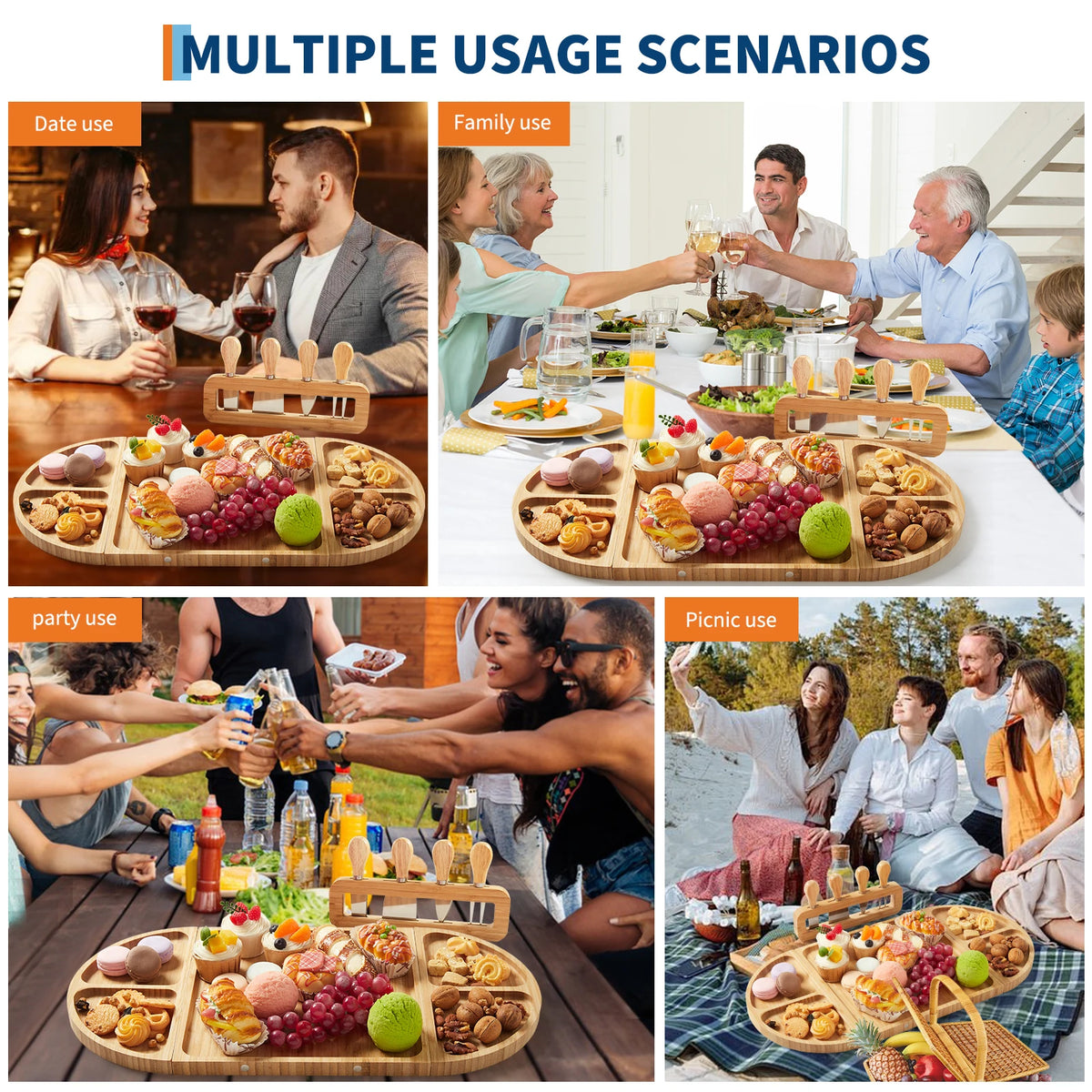 4-Piece Magnetic Wood Charcuterie Board Set – 23" Modular Cheese & Serving Board with Knife Set