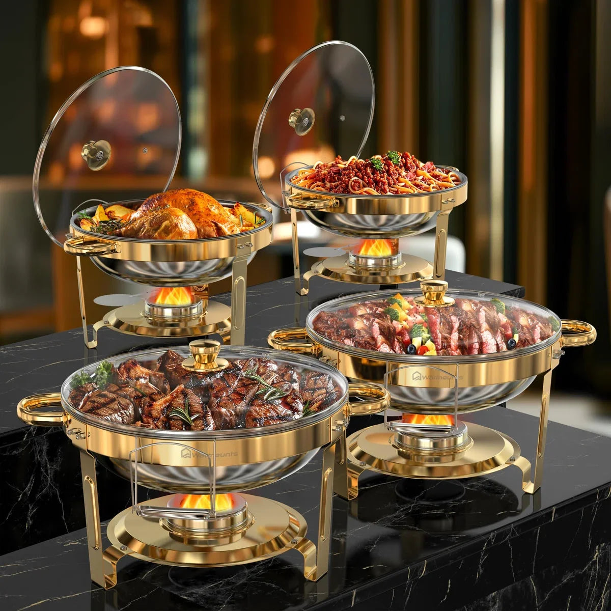 Round Chafing Dishes with Glass Lids – 5 Qt, Gold - 2 or 4 Pack