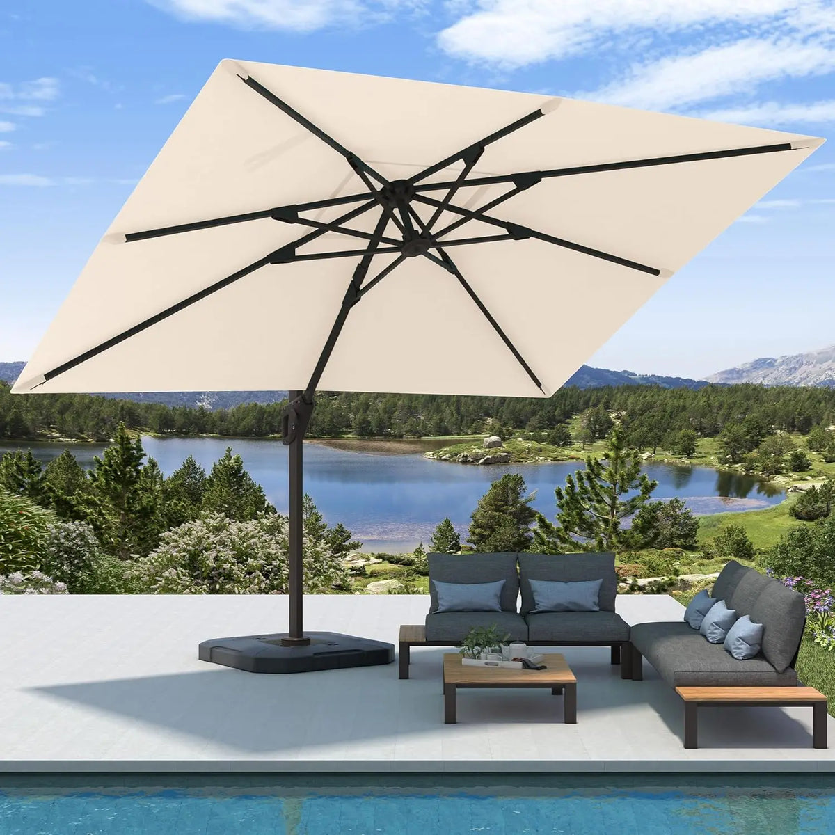 9 × 12FT Rectangular Cantilever Patio Umbrella with Base – Large Offset Outdoor Umbrella