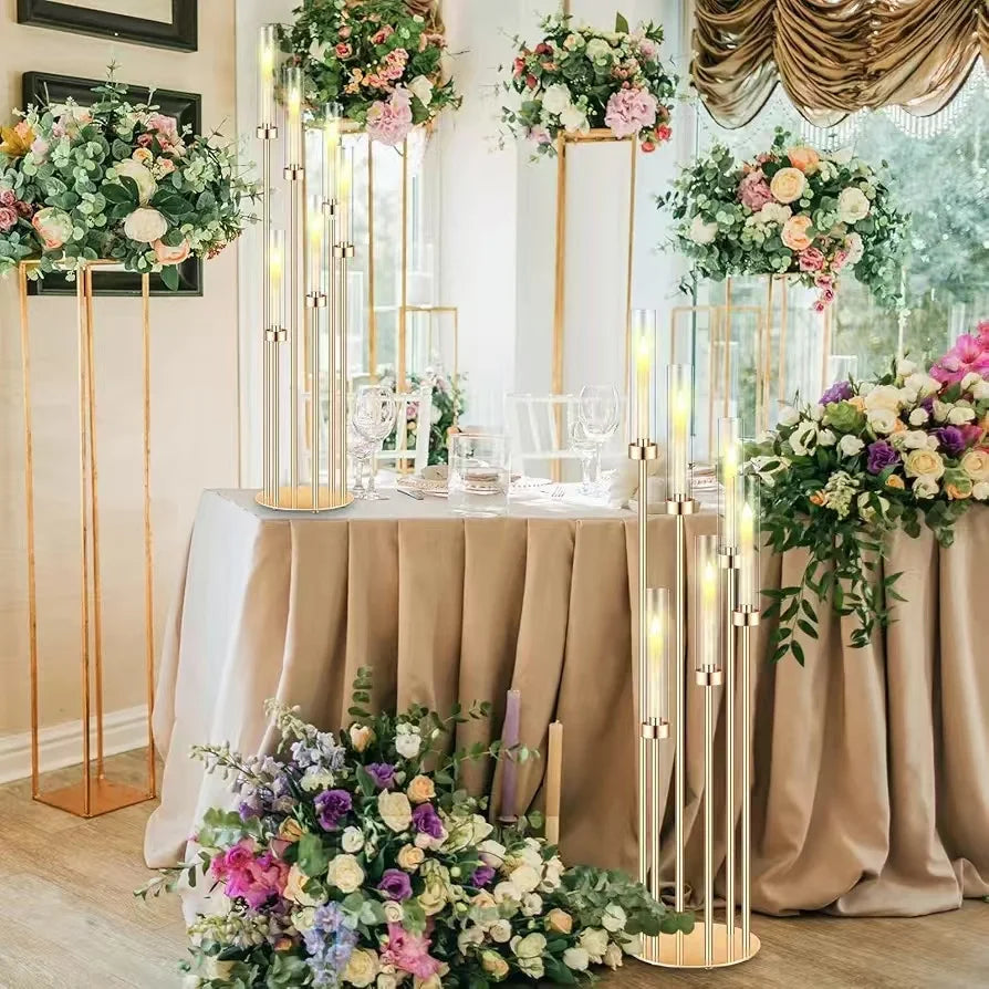 46" Gold 6-Arm Floor Candelabras with 24 LED Candles – 4 Piece Set