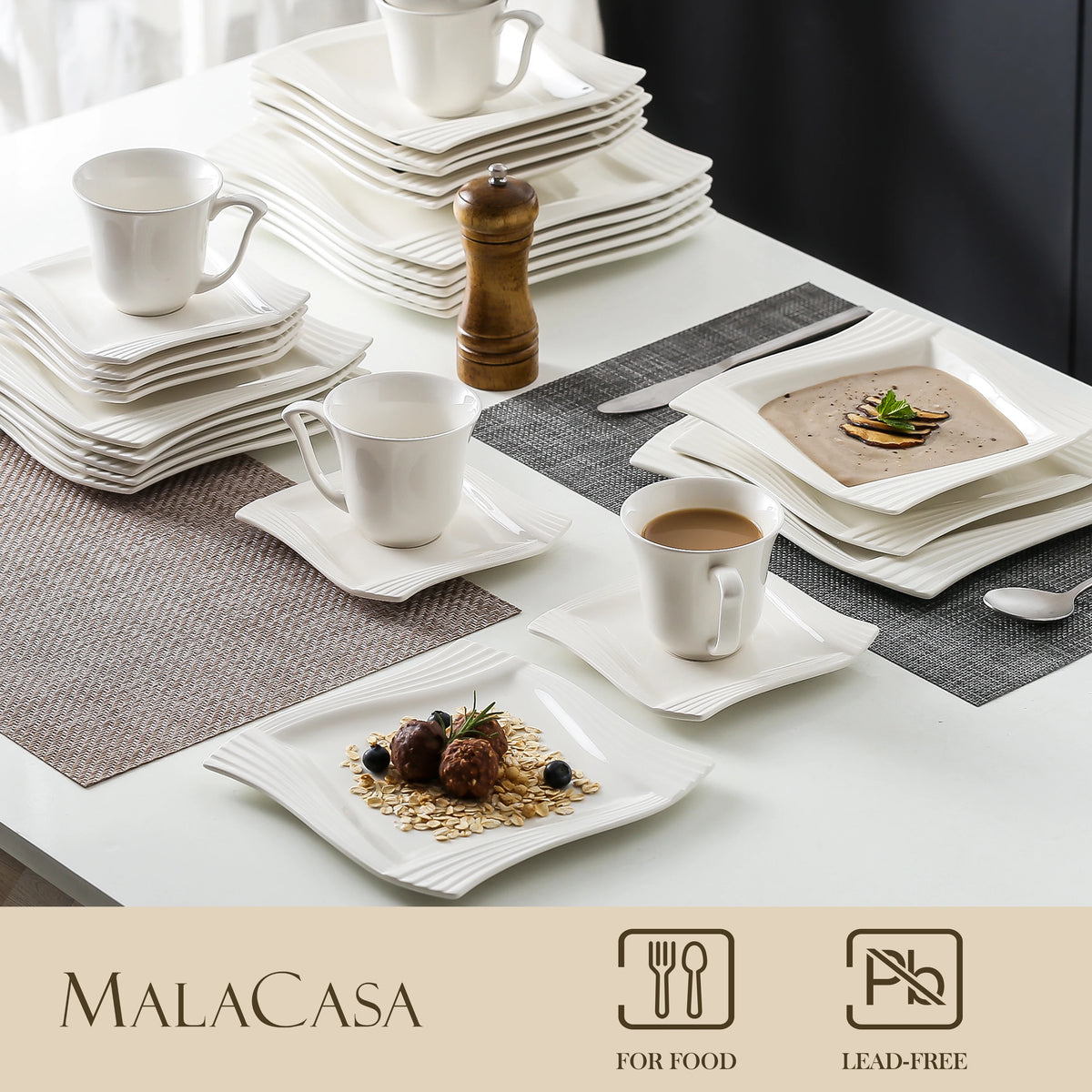 MALACASA AMPARO Ridged Ivory White Porcelain Dinnerware Set – 30 or 60 Piece, Service for 6 or 12