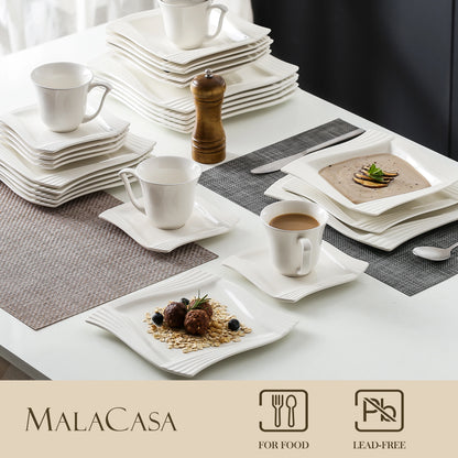 MALACASA AMPARO Ridged Ivory White Porcelain Dinnerware Set – 30 or 60 Piece, Service for 6 or 12