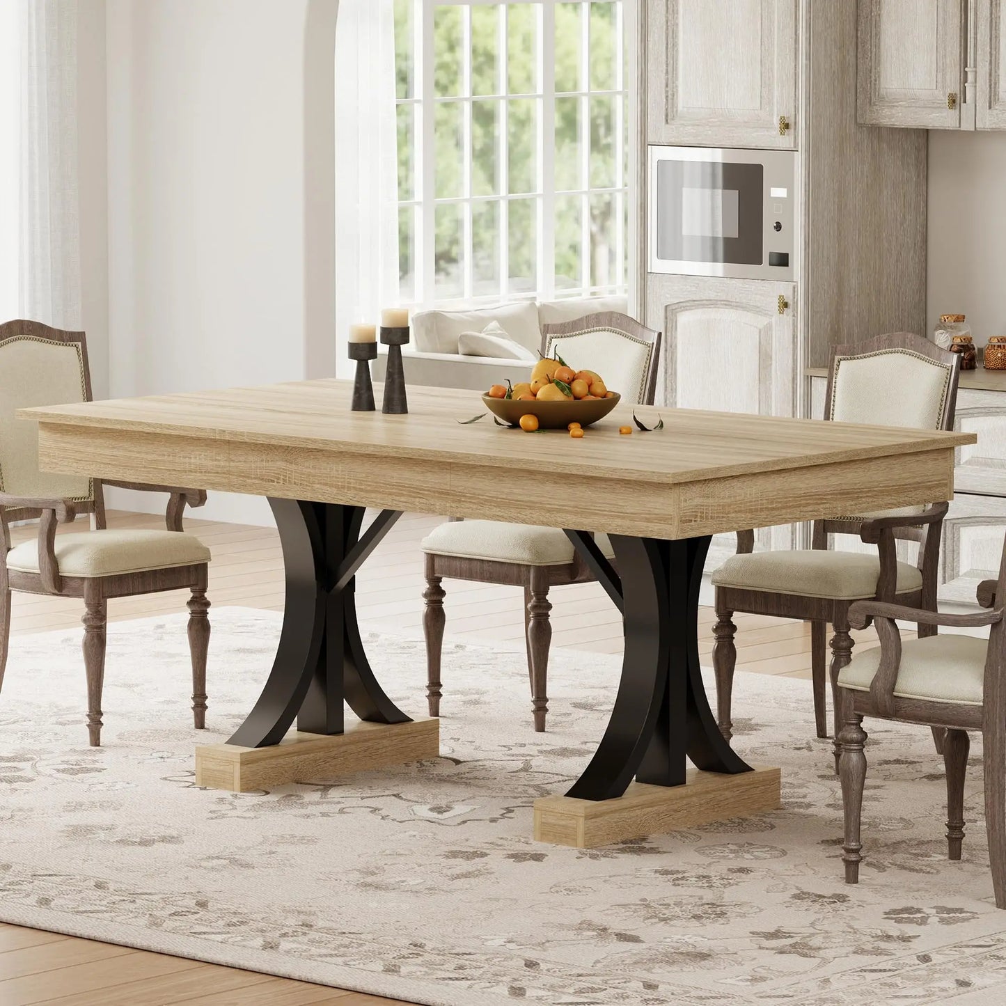 71" Industrial Dining Table for 6–8 – Rectangular Wood-Look Table with 2 Storage Drawers & Double Pedestal Base
