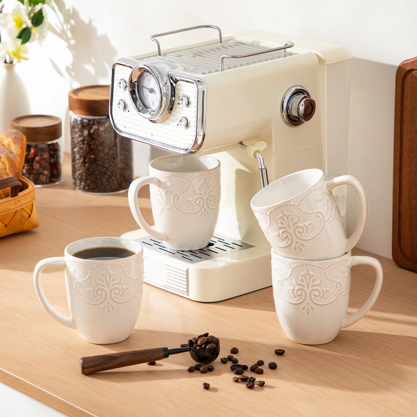 MALACASA GISELLE Embossed Porcelain Mugs 14 oz (414mL) Vintage White or Starry Blue – 4 or 8 Piece Set