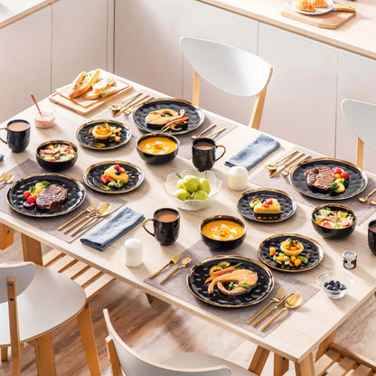 MALACASA Luxe Black & Gold Porcelain Dinnerware Set – 16 or 32 Piece