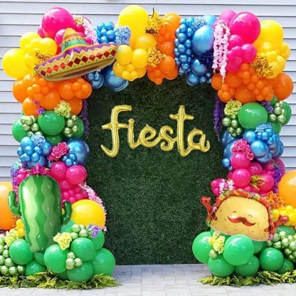 Fiesta Balloon Garland Arch Kit – Colorful Balloons with Taco, Sombrero, Cactus & Fiesta Foil Balloons