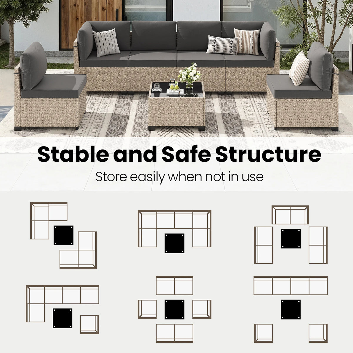 7-Piece Outdoor Rattan Sectional Sofa Set – 6-Seat Modular Patio Furniture with Tempered Glass Coffee Table