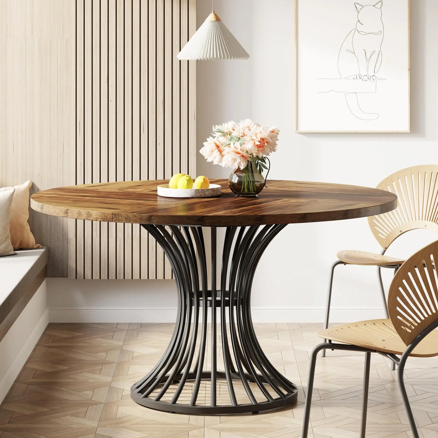 Tribesigns 47" Round Dining Table for 4–6 – Farmhouse Wood Table with Sculptural Metal Base