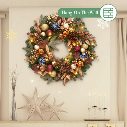 24 Inch Pre‑lit Christmas Wreath, Artificial Xmas Wreath with 20 Waterproof LED Lights, Pine Cones Berries Xmas Balls Golden Leaves, 8 Lighting Modes for Front Door Wall Window Holiday Decor
