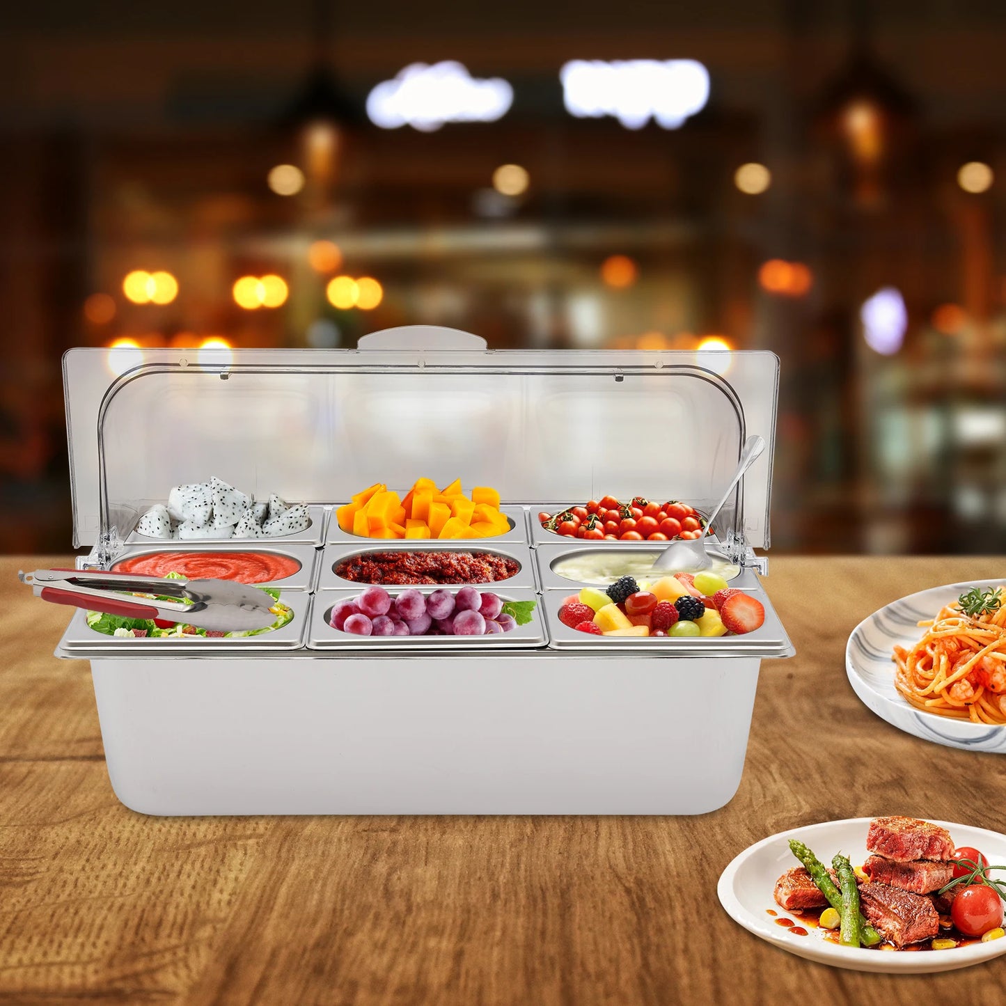 9-Compartment Stainless Steel Chilled Serving Station with Flip Top Lid