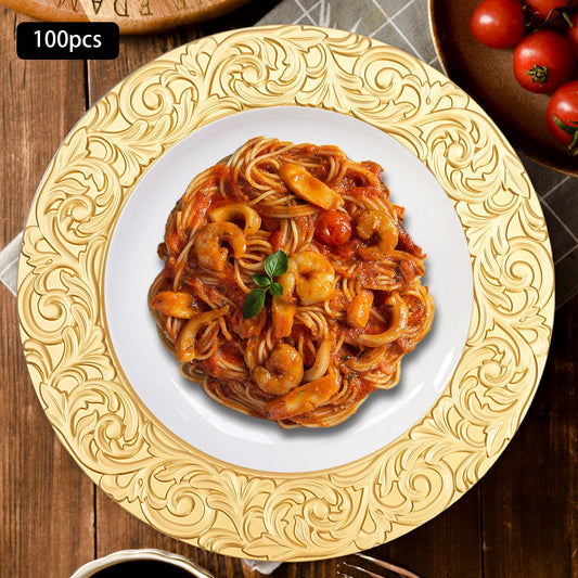 Gold Embossed Round Charger Plates – 13", 100 Piece Set