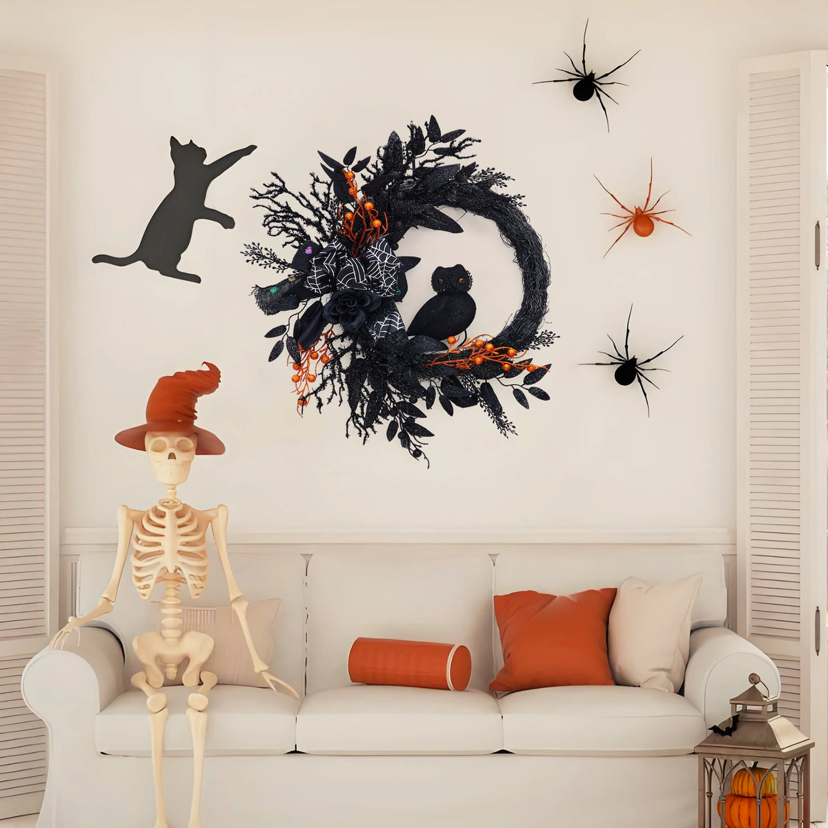 22" Black Halloween Wreath with Owl, Spider Web & Orange Berries