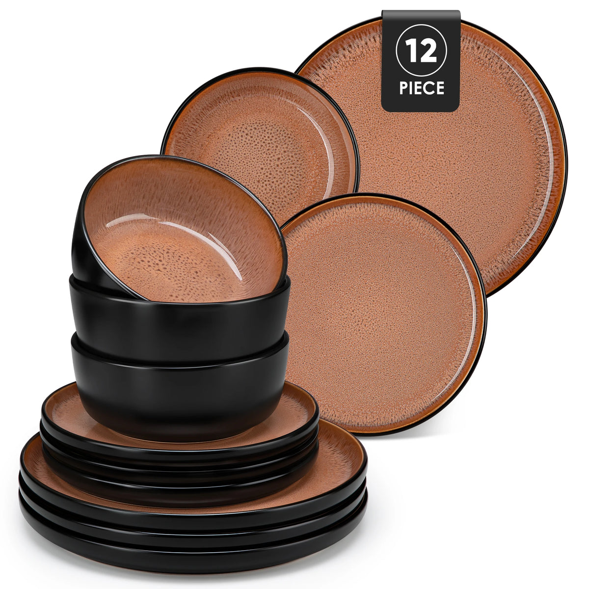 Vancasso AMBER Ceramic Dinnerware Set – Stone Black with Color Interior, 12 or 16 Piece