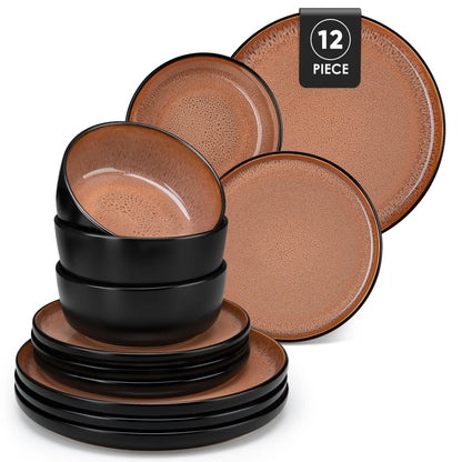 Vancasso AMBER Ceramic Dinnerware Set – Stone Black with Color Interior, 12 or 16 Piece