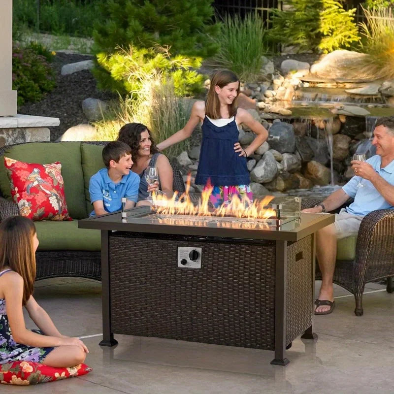 44" Outdoor Propane Fire Pit Table – 50,000 BTU with Glass Wind Guard & Brown Rattan