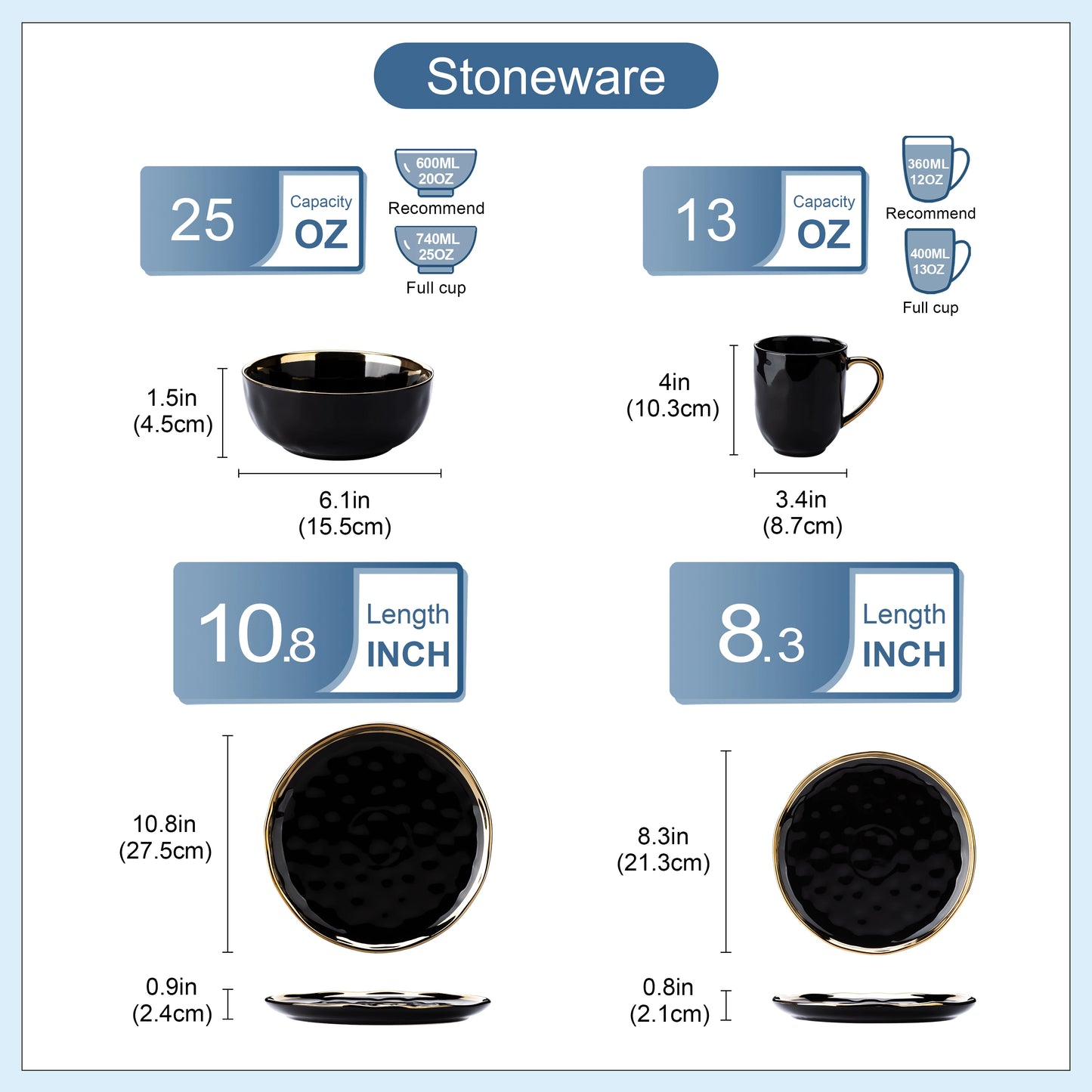 MALACASA Luxe Black & Gold Porcelain Dinnerware Set – 16 or 32 Piece