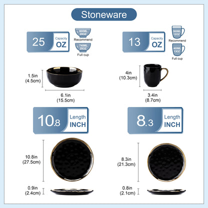 MALACASA Luxe Black & Gold Porcelain Dinnerware Set – 16 or 32 Piece