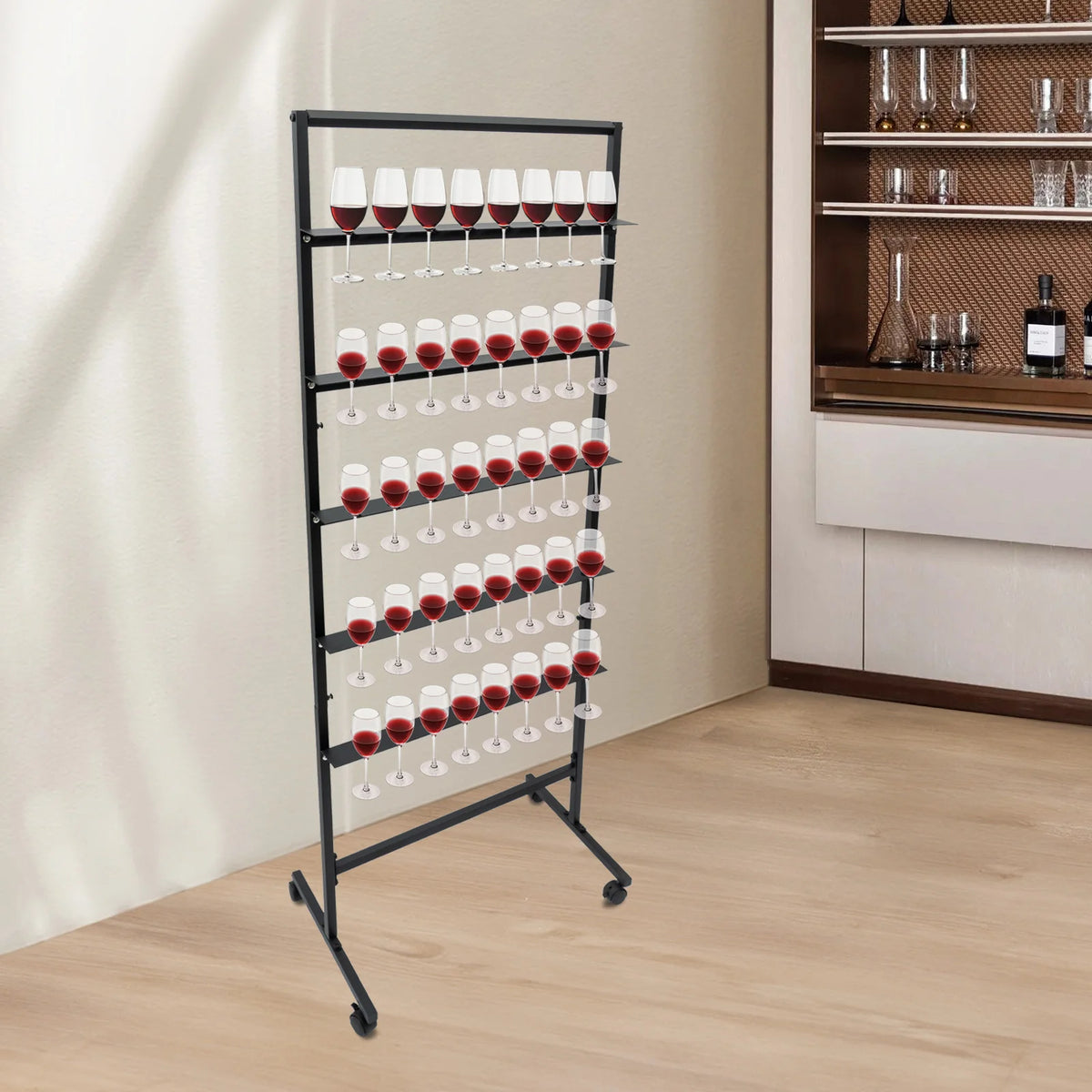 5-Tier Rolling Champagne & Stemware Display Stand – Holds 40 Glasses