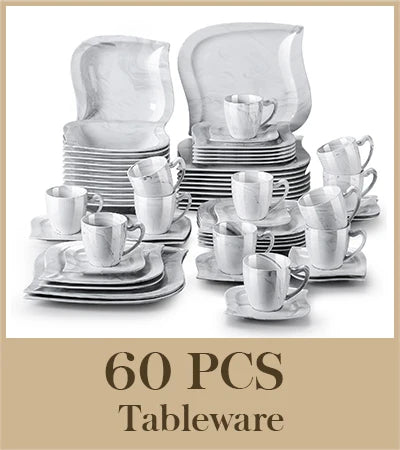 MALACASA ELVIRA Ivory White or Grey Marble Porcelain Dinnerware Set – 30 or 60 Piece, Service for 6 or 12