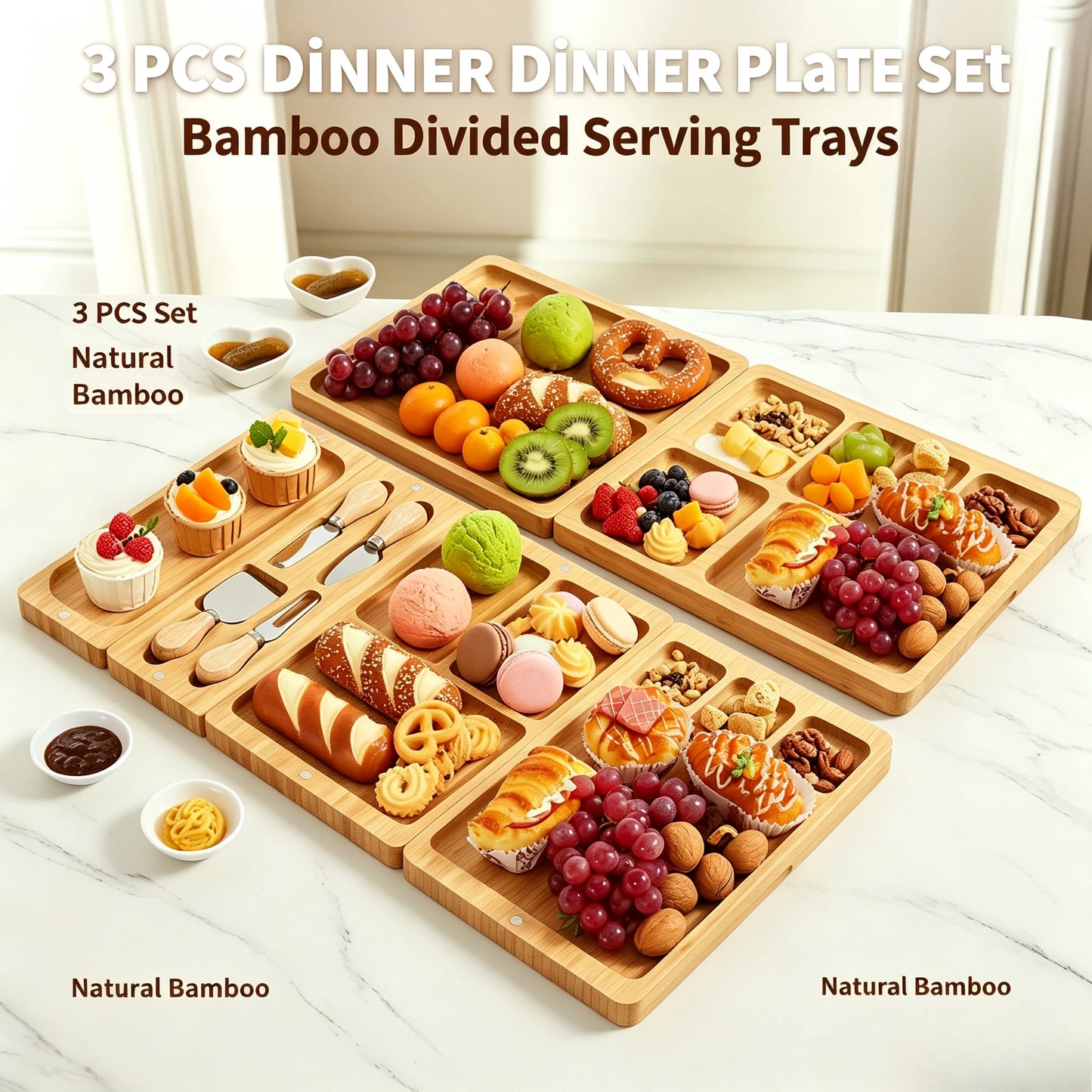 3-Piece Magnetic Bamboo Charcuterie Board Set – 25.2" Modular Cheese Board with 4 Knives & 2 Bowls