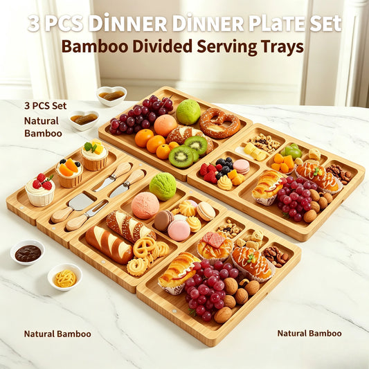 3-Piece Magnetic Bamboo Charcuterie Board Set – 25.2" Modular Cheese Board with 4 Knives & 2 Bowls