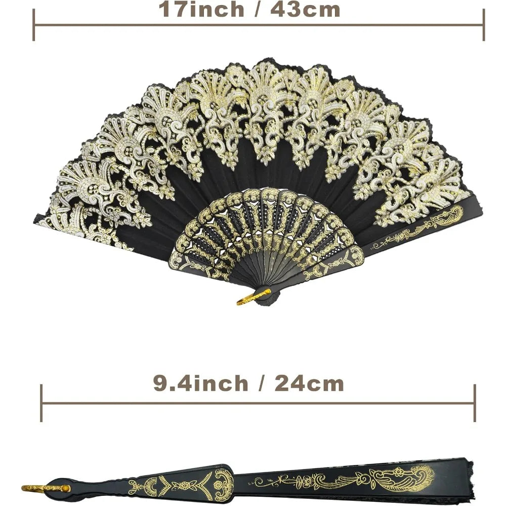 Black & Gold Decorative Folding Fan – 16.5"