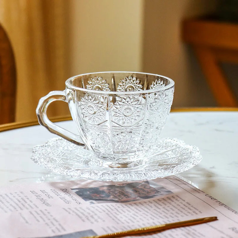 Retro Embossed Glass Coffee Cup & Saucer Set - 200ml