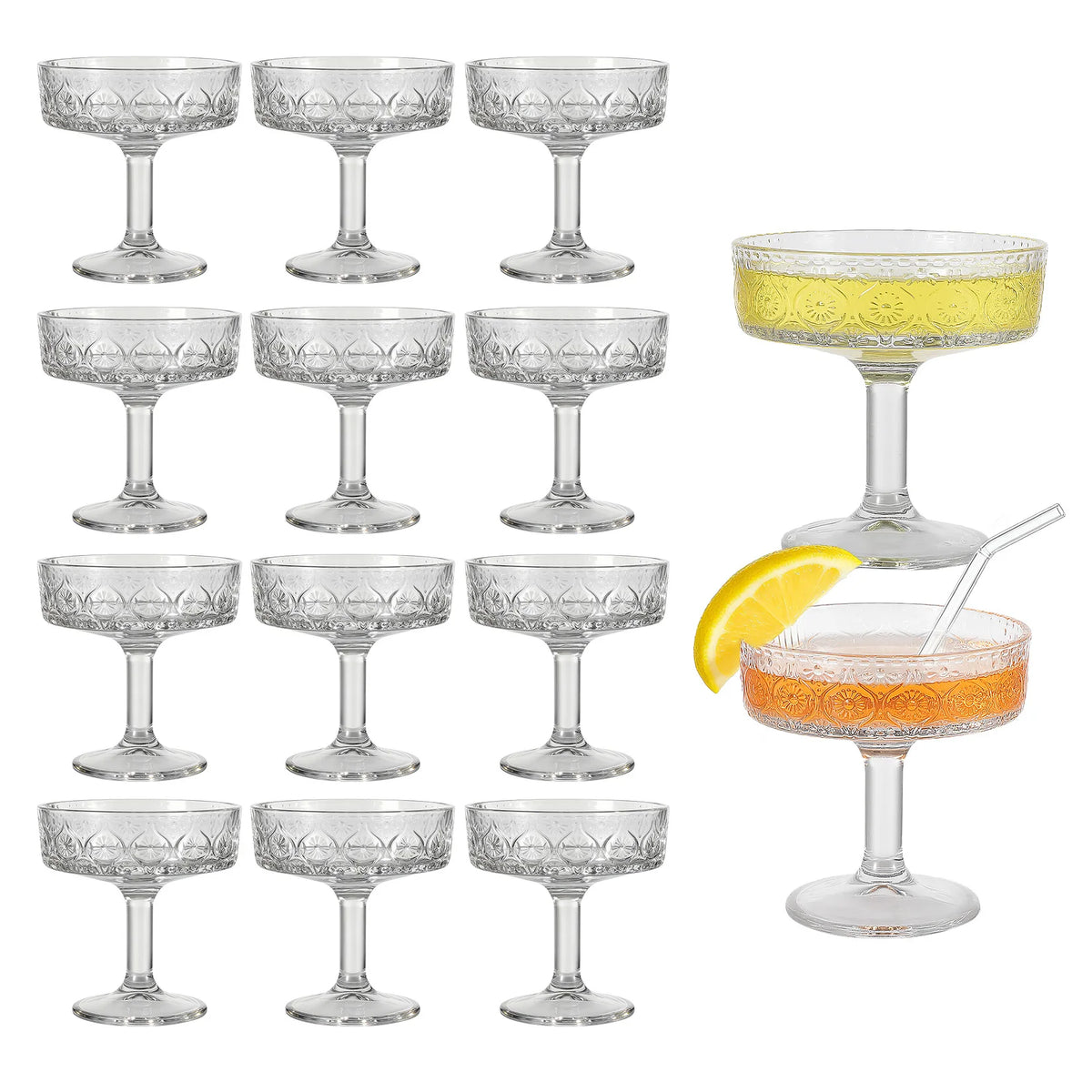 12-Piece Embossed Crystal Coupe Glass Set – 5.4 oz Vintage Cocktail & Dessert Glasses