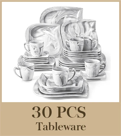MALACASA ELVIRA Ivory White or Grey Marble Porcelain Dinnerware Set – 30 or 60 Piece, Service for 6 or 12