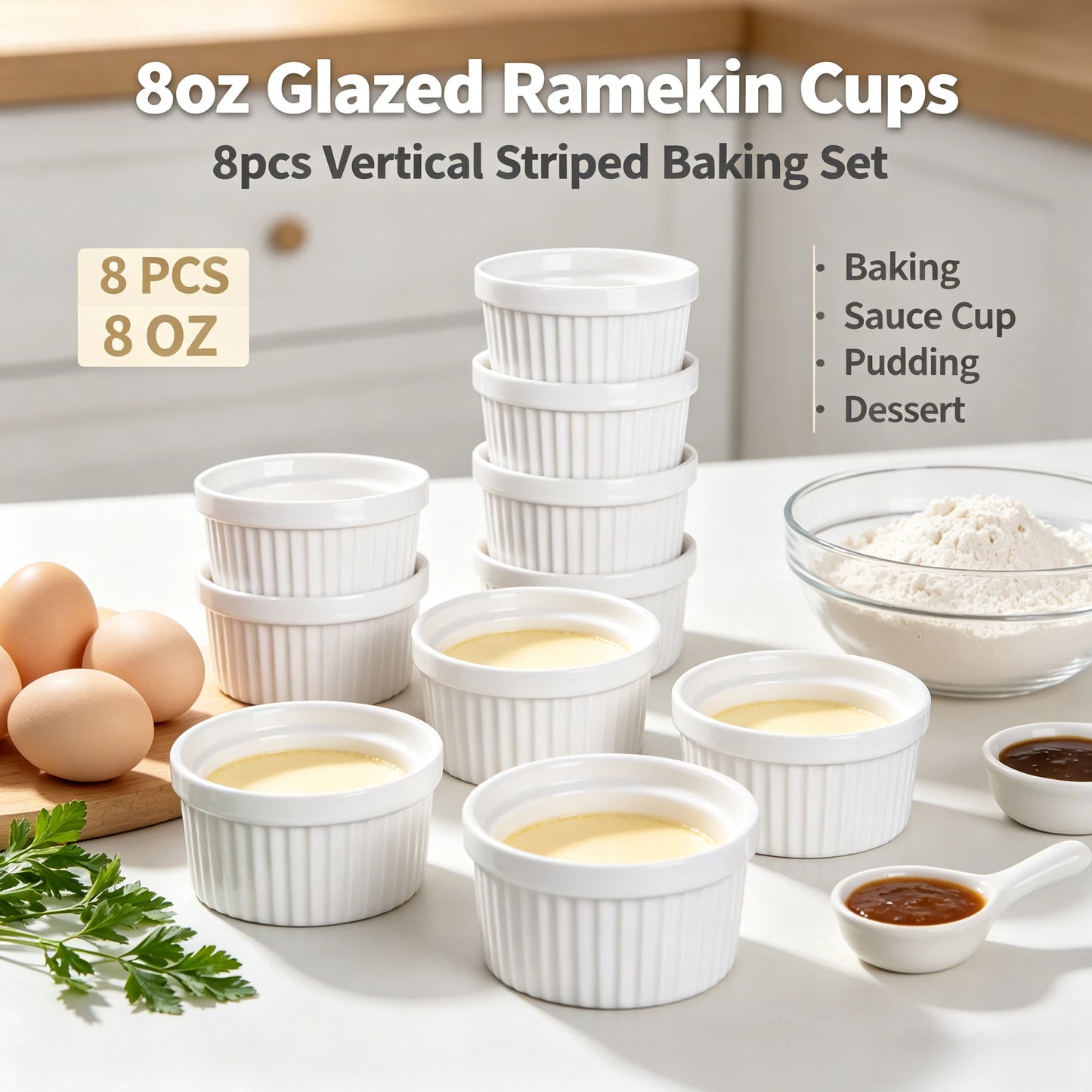 8-Piece 8 oz Porcelain Ramekin Set – Oven-Safe Baking & Serving Bowls for Crème Brûlée, Soufflé & More