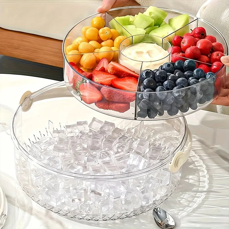 Chilled Fruit & Veggie Serving Tray with Ice Compartment, Center Dip Bowl & Flip-Top Lid