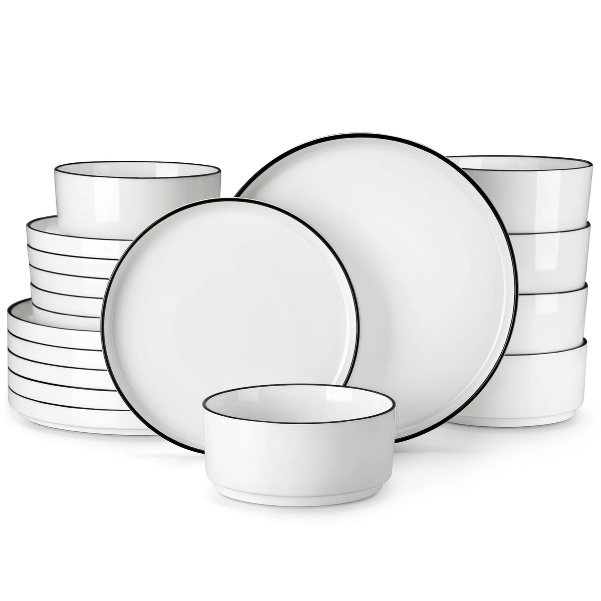 MALACASA Black Rim Porcelain Dinnerware Set – 12, 16, 18 or 24 Piece