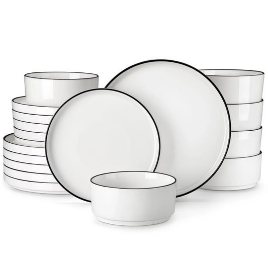MALACASA Black Rim Porcelain Dinnerware Set – 12, 16, 18 or 24 Piece