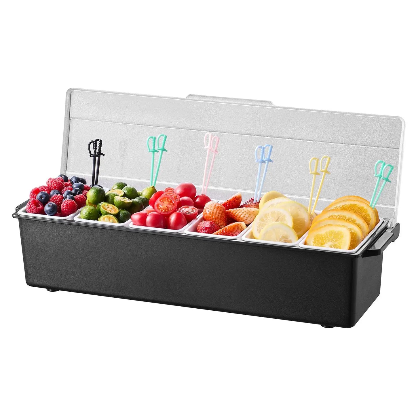 6-Compartment Chilled Condiment & Garnish Server with Lid – Ice-Cooled Bar, Taco & Salad Caddy